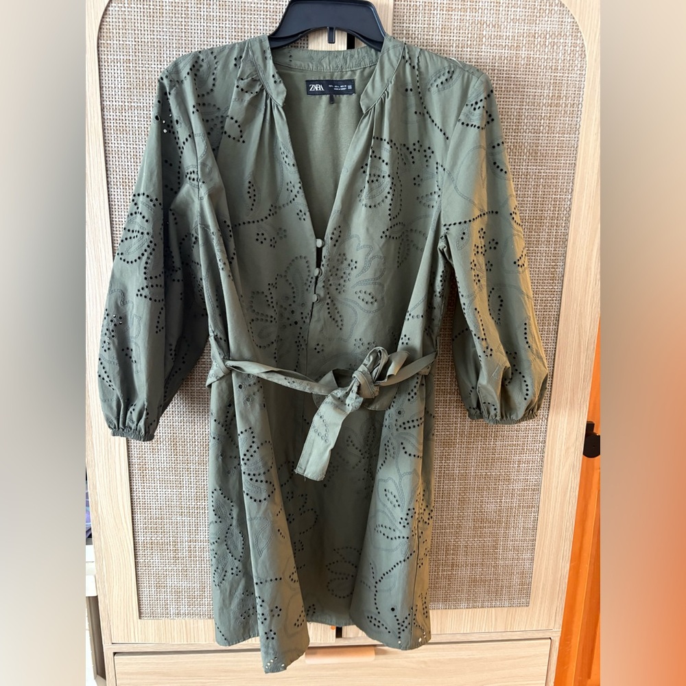 Zara Olive Green Eyelet Mini Dress
